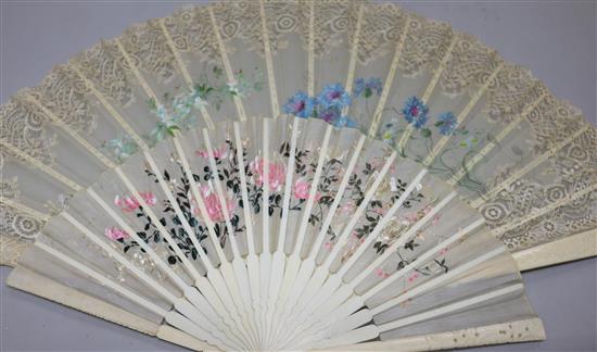 An ivory and lace fan and an ivory and embroidery fan